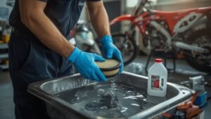 Motocross-Schaumstoff-Luftfilter wird über einer Waschwanne mit Filter-Reiniger ausgewaschen