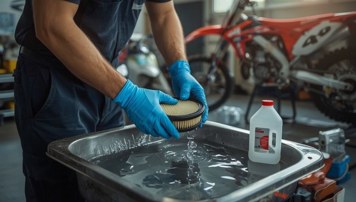Motocross-Schaumstoff-Luftfilter wird über einer Waschwanne mit Filter-Reiniger ausgewaschen
